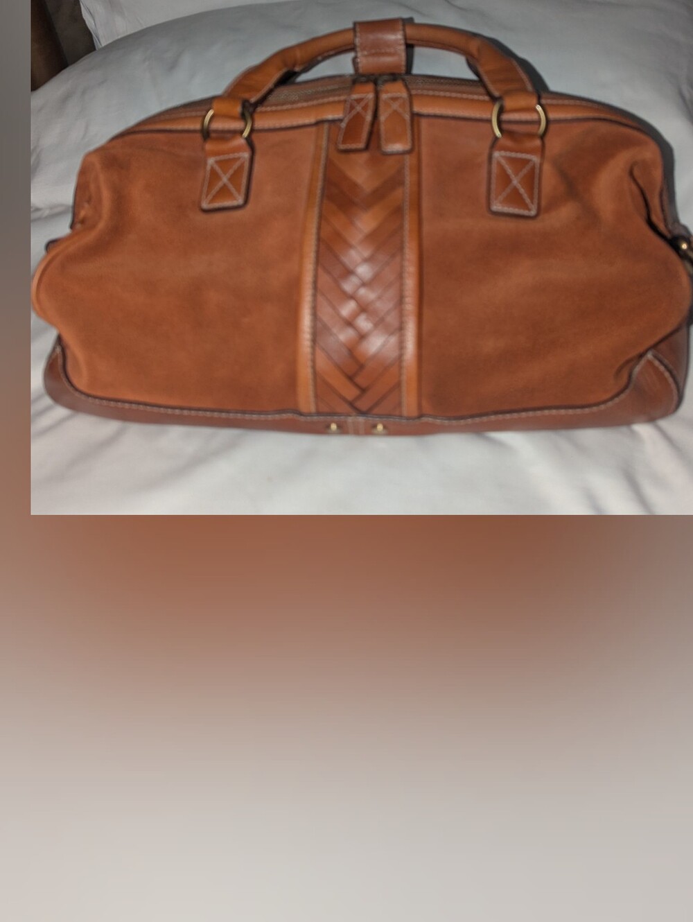 Cole Haan Cognac Brown Suede With Leather Woven Accent Duffle Bag - Picture 11 of 14